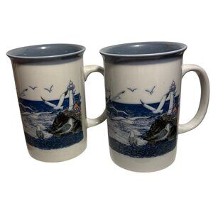 Otagiri Mug Lighthouse Ocean Seagulls Ceramic Cup Japan Set Of 2 Nautical 5"